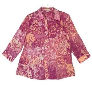 Coldwater Creek Shaped 3/4 Sleeve Button Colorful Top Cotton Size  L (14) Sheer
